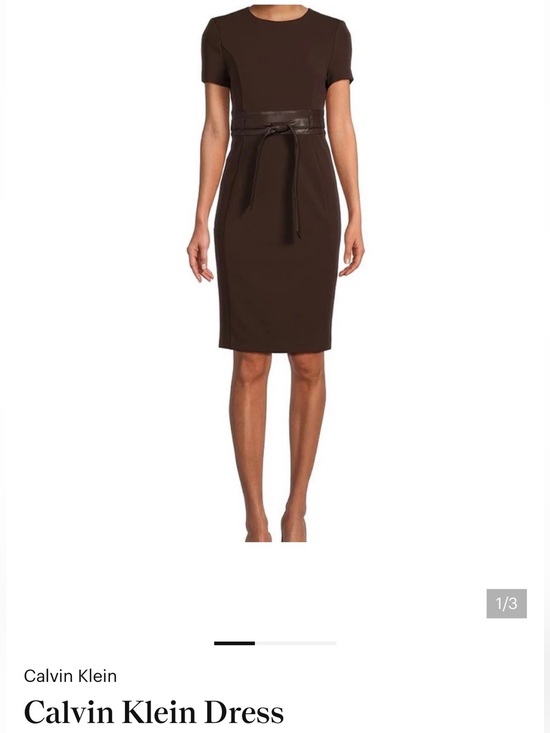 Calvin Klein Dresses & Skirts - Calvin Klein Chocolate Brown Midi Sheath Dress with Faux-Leather Tie